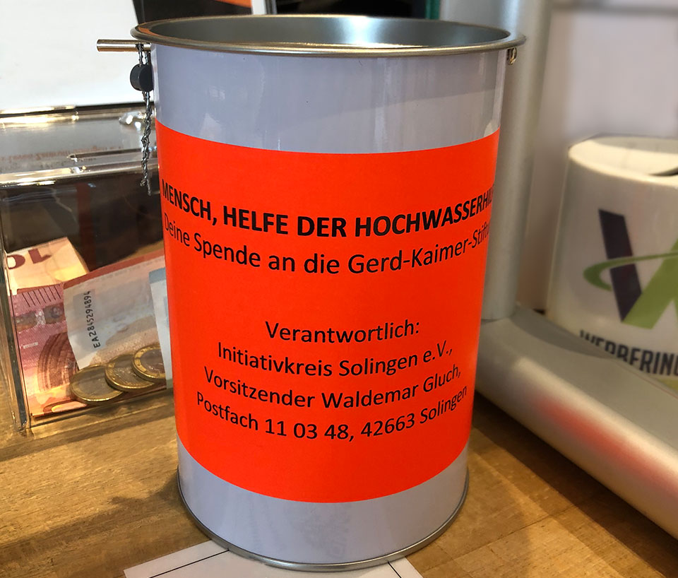 Spendendose für die Hochwasserhilfe der Gerd-Kaimer-Stiftung